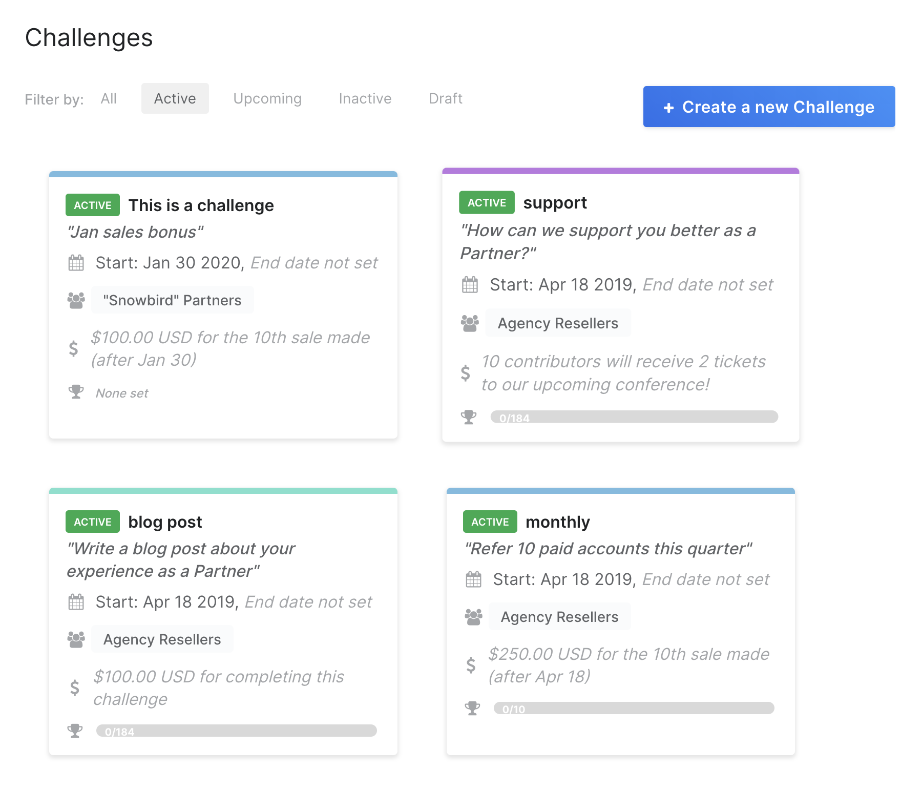 Challenges feature on PartnerStack, letting vendors set custom goals and unique rewards for partners, designed to drive partner activities and increase engagement.