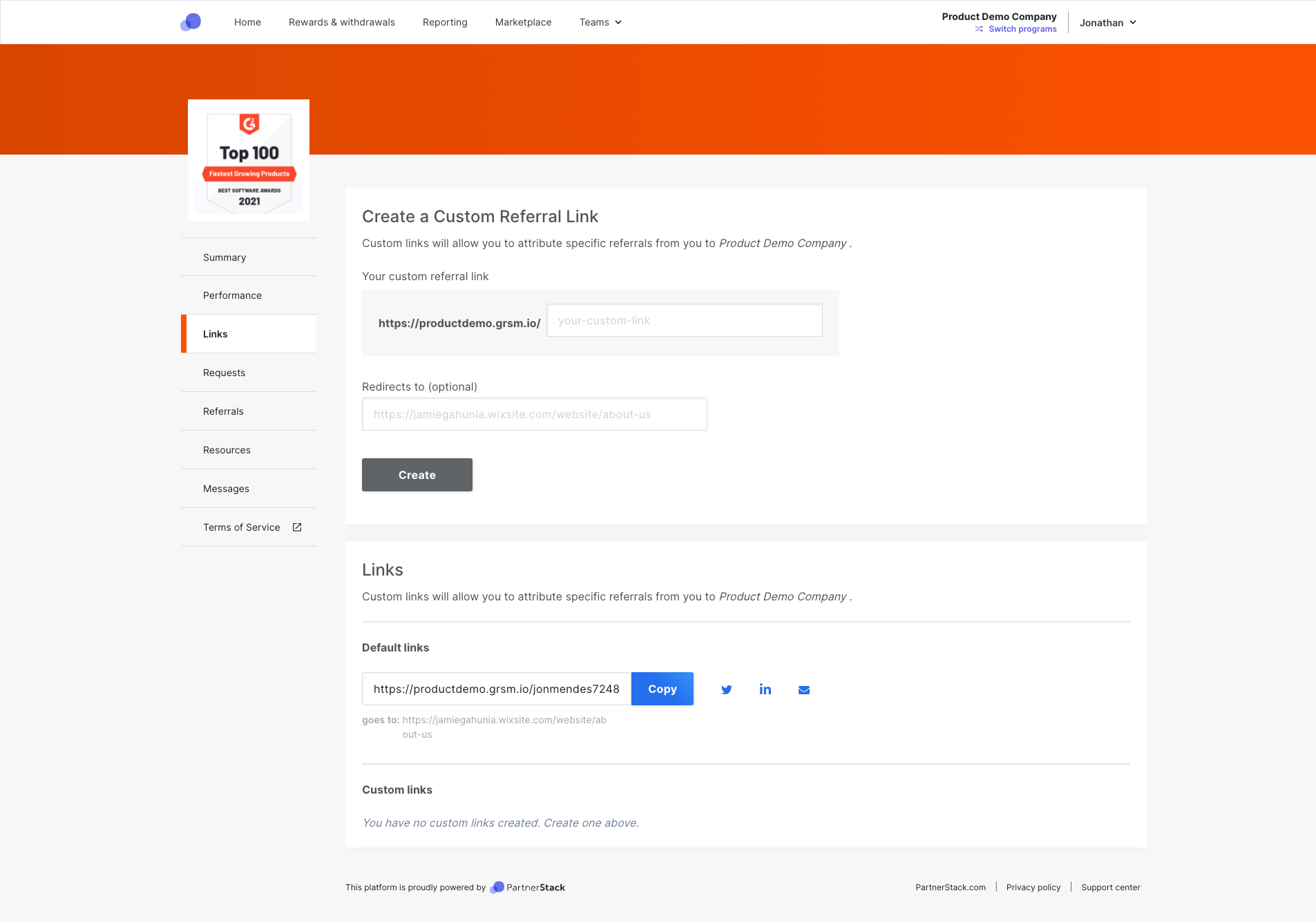 Link creation tool on PartnerStack for partners to generate links with specific parameters, enabling flexible promotion of vendor content across domains and campaigns for affiliate marketing campaigns.