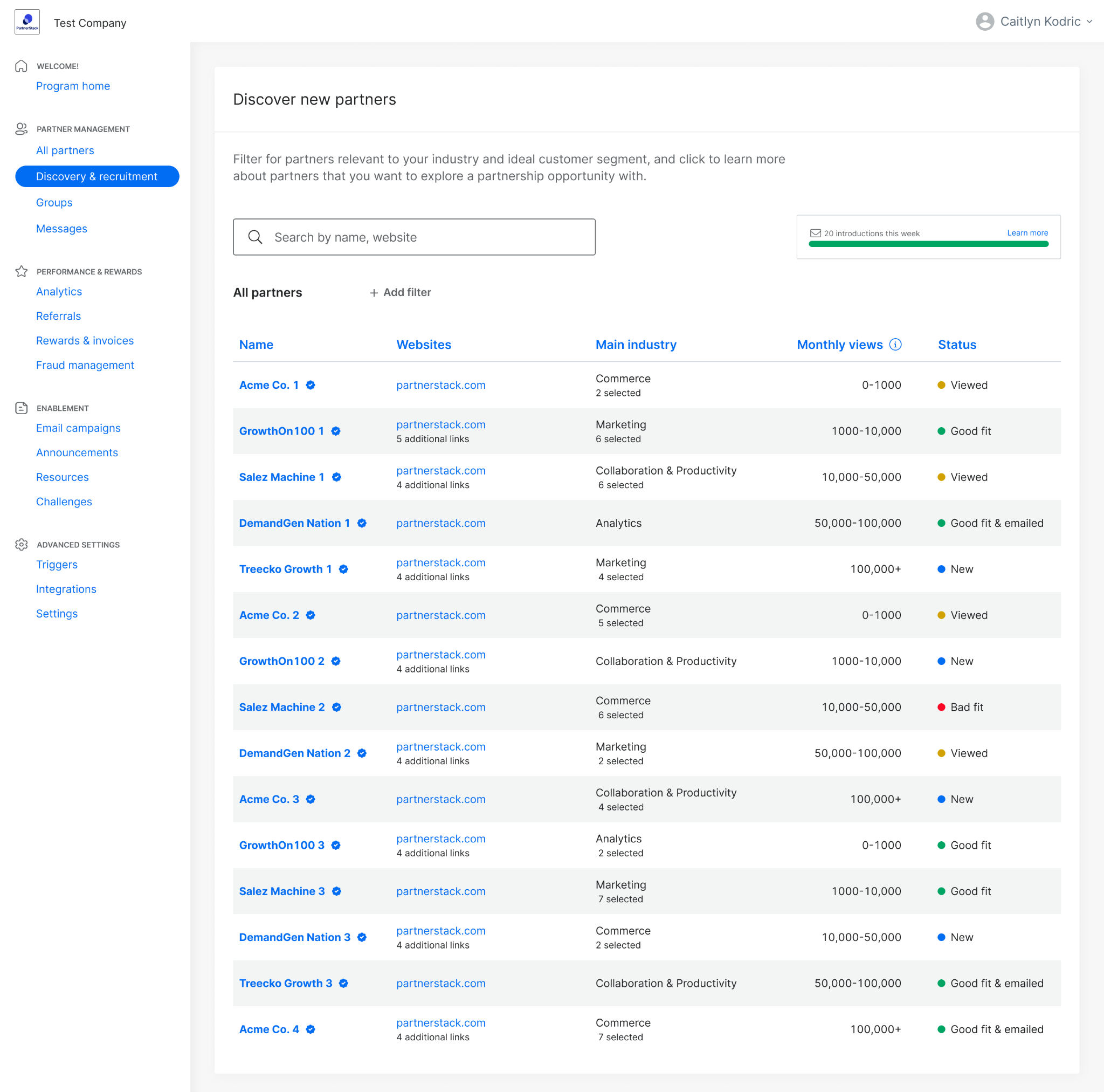 Partner discovery tool on PartnerStack platform, enabling recruitment of high-quality, B2B-ready partners with filters by industry, location, and audience. View partner profiles and invite them directly to join from within the platform.