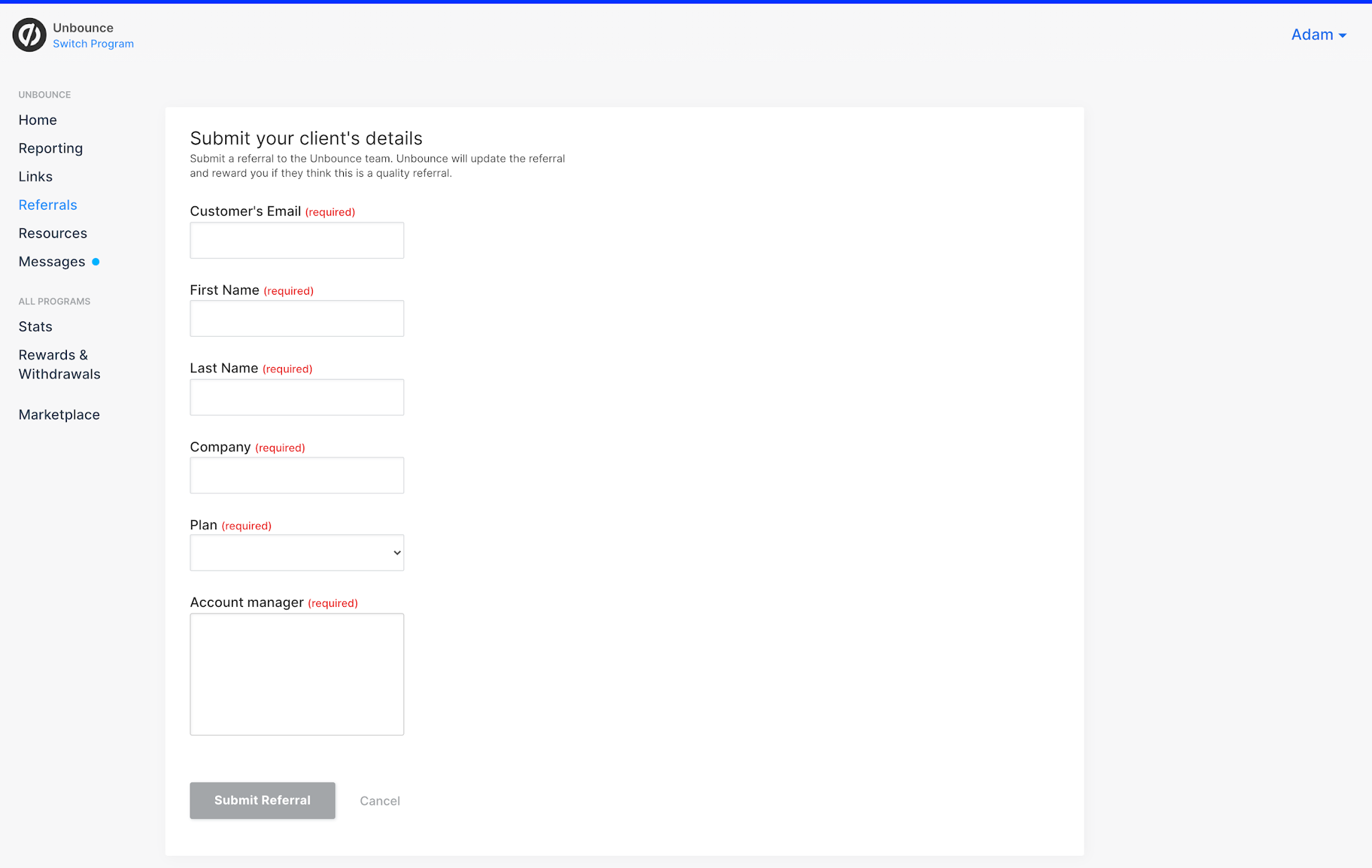 Referrals feature on PartnerStack, allowing partners to send leads directly into a vendor's CRM. Supports B2B needs beyond link-based marketing with qualified leads sent via forms.