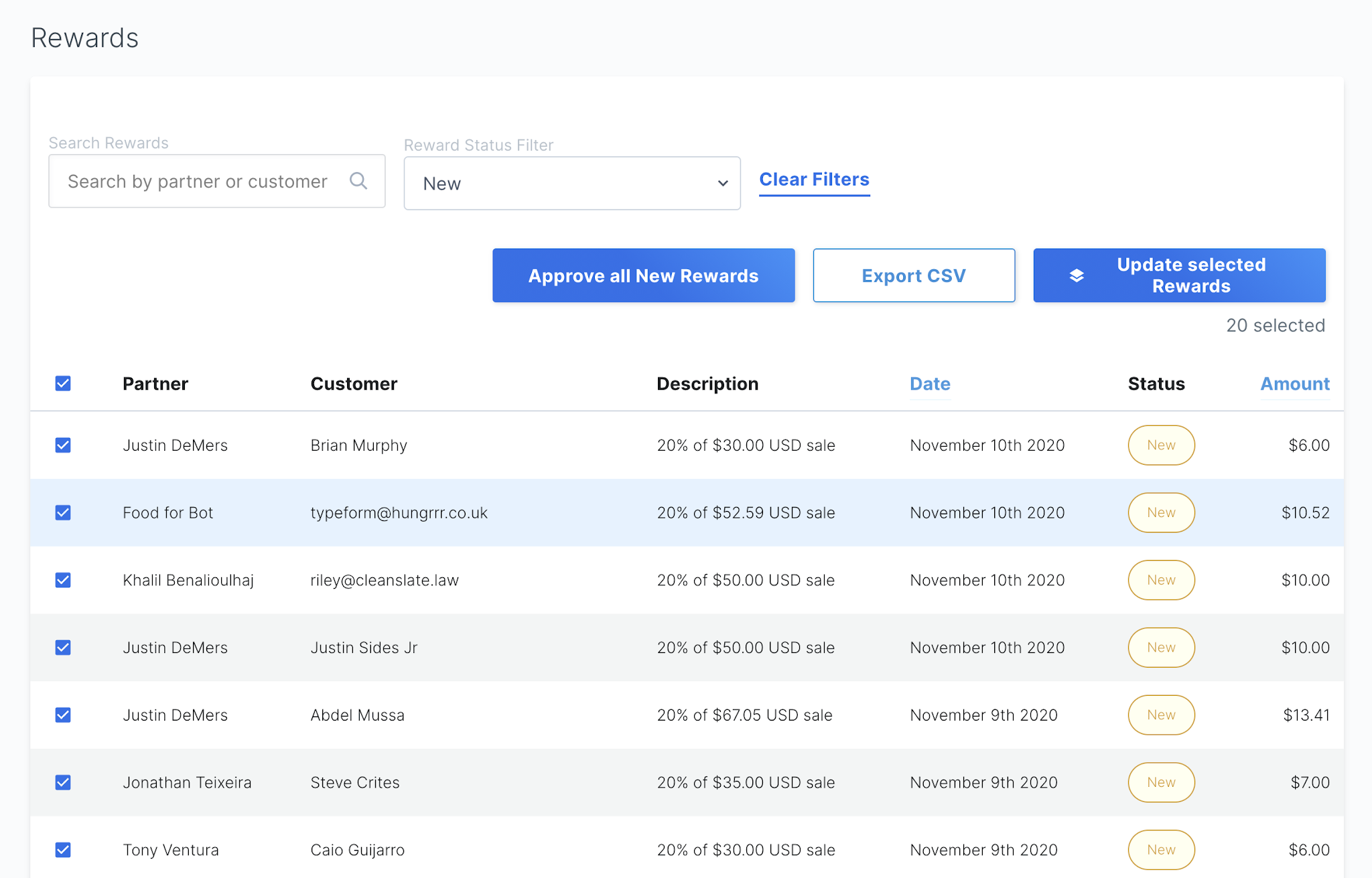 Reward calculations and management tool in PartnerStack, allowing full control over rewards by partner group, customer, and product, with options for approvals and dispute resolution.