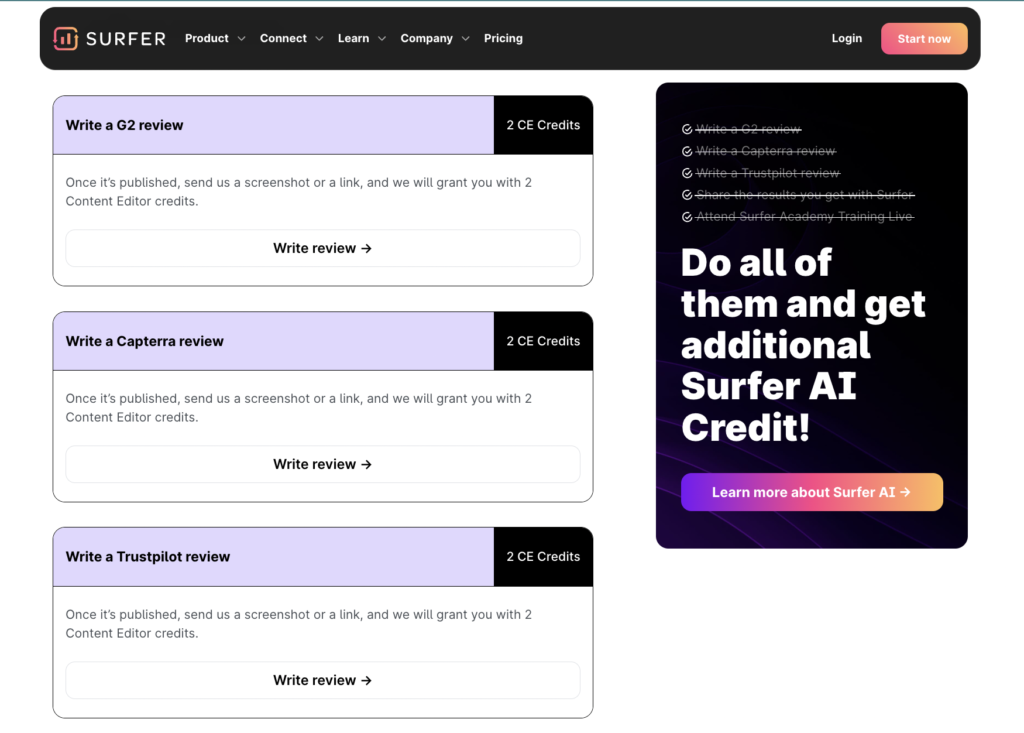 An example of a software company, SurferSEO offering users product credits for writing online reviews