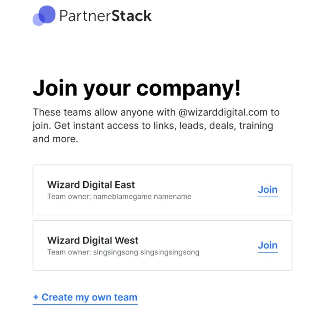 PartnerStack platform feature enabling all partners within an organization to work collaboratively under a single account, with individual portal access and visibility. Team members can join by direct invite or work email, and vendors see a single organization record with permissions-based feature access.