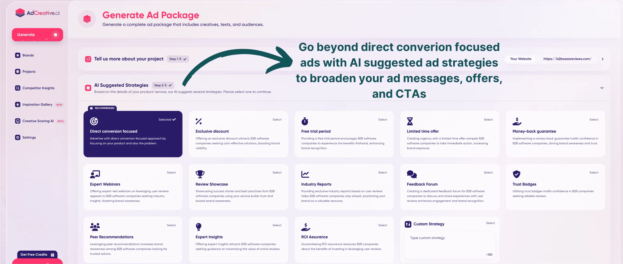 Screenshot of AI-generated ad strategies in AdCreative.ai