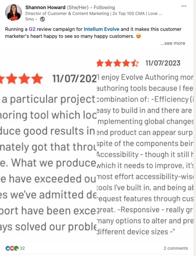 Running a G2 review campaign for Evolve Authoring Tool and it makes this customer marketer's heart happy to see so many happy customers.