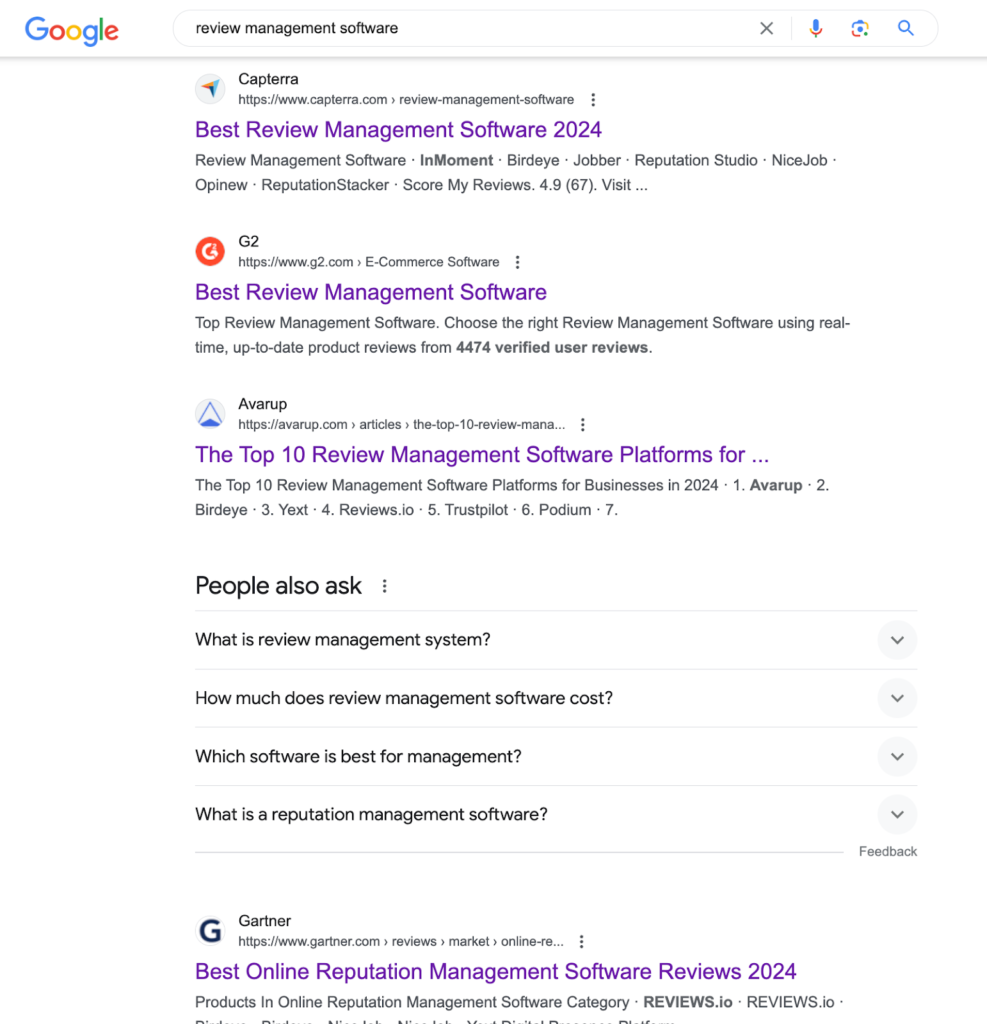 a screenshot of user review sites dominating search results for review management software