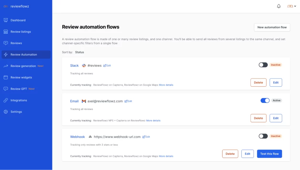 Reviewflowz automated review management workflow example.