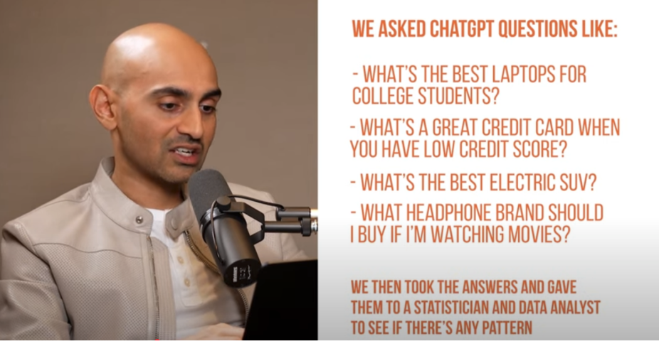 A list of sample questions Neil Patel’s team asked ChatGPT, including best laptops for college students, best credit cards for low credit scores, best electric SUV, and best headphones for watching movies.