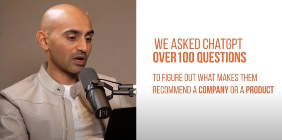 Neil Patel discussing a study where his team asked ChatGPT over 100 questions to determine how it recommends companies or products. The text on the image highlights the study's purpose.